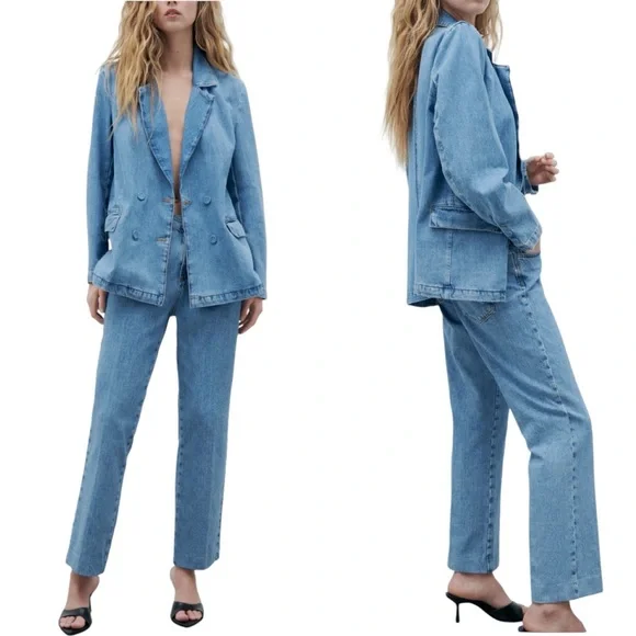 ZARA Denim Double Breasted Blazer Boxy Oversized Jacket Blue Women’s Siz… - Picture 1 of 17